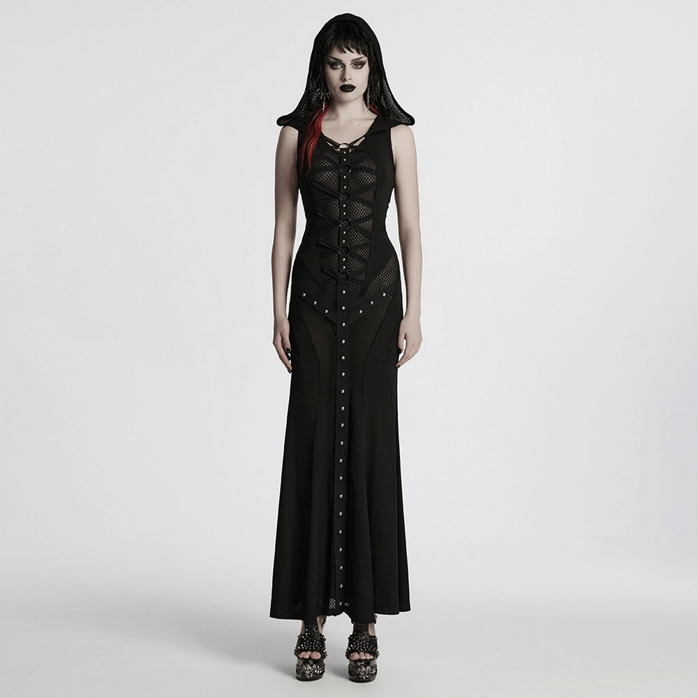 Stylish Gothic Mesh Panel Hooded Dress with Metal Details - image 13