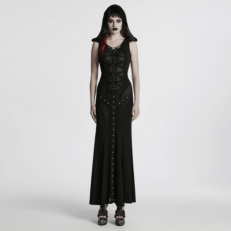 Stylish Gothic Mesh Panel Hooded Dress with Metal Details - image 13