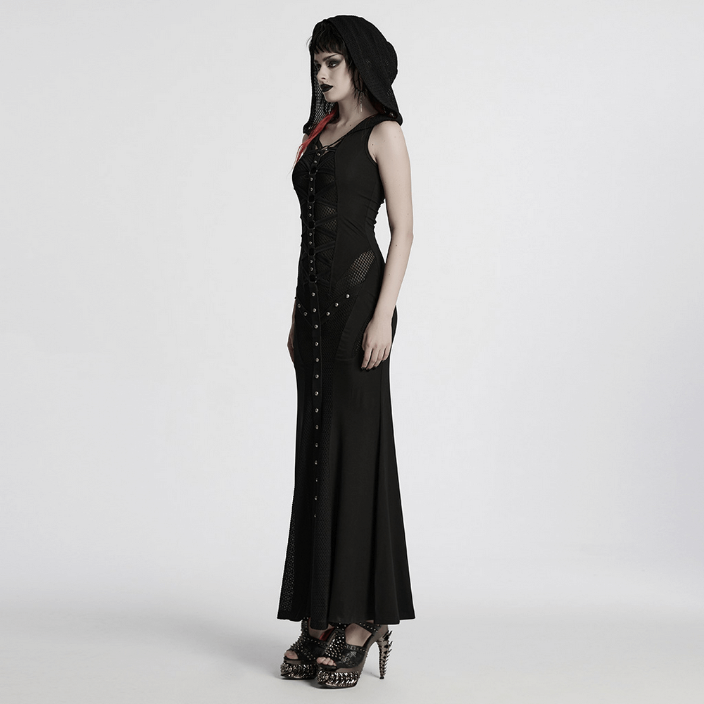 Stylish Gothic Mesh Panel Hooded Dress with Metal Details - image 14