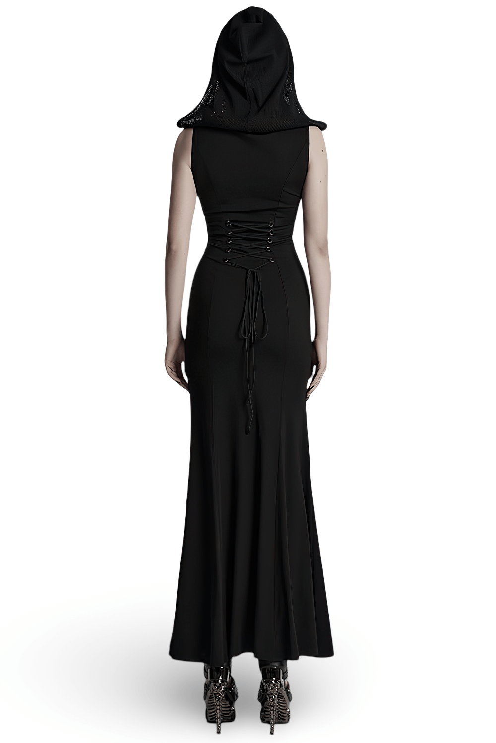 Stylish Gothic Mesh Panel Hooded Dress with Metal Details - image 2