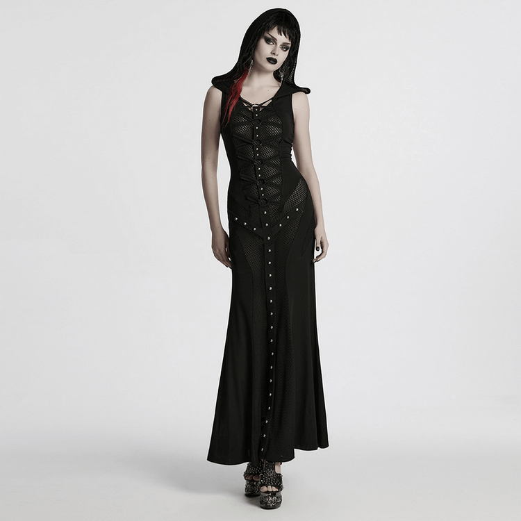 Stylish Gothic Mesh Panel Hooded Dress with Metal Details - image 12