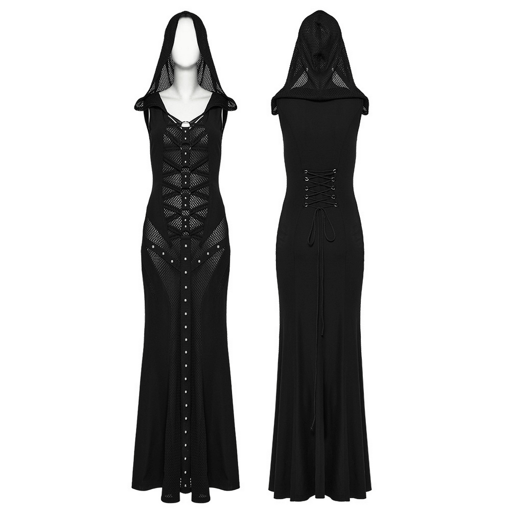 Stylish Gothic Mesh Panel Hooded Dress with Metal Details - image 3