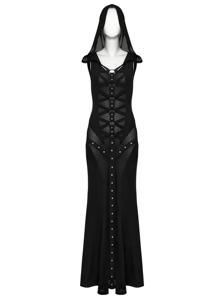 Stylish Gothic Mesh Panel Hooded Dress with Metal Details - image 4