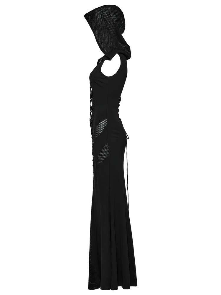 Stylish Gothic Mesh Panel Hooded Dress with Metal Details - image 5