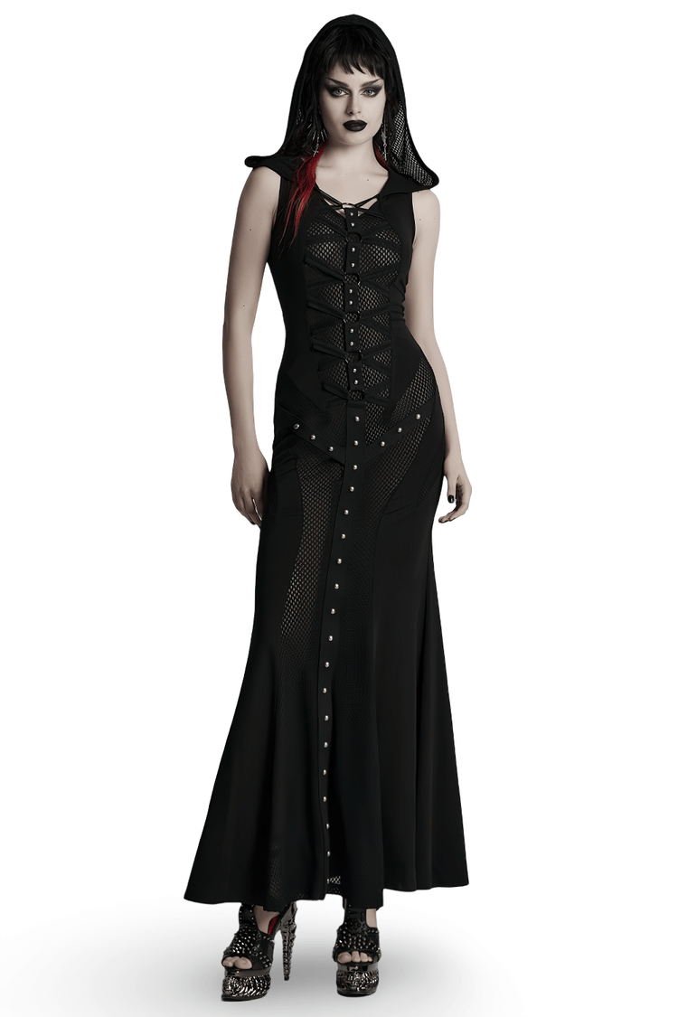 Stylish Gothic Mesh Panel Hooded Dress with Metal Details - image 1