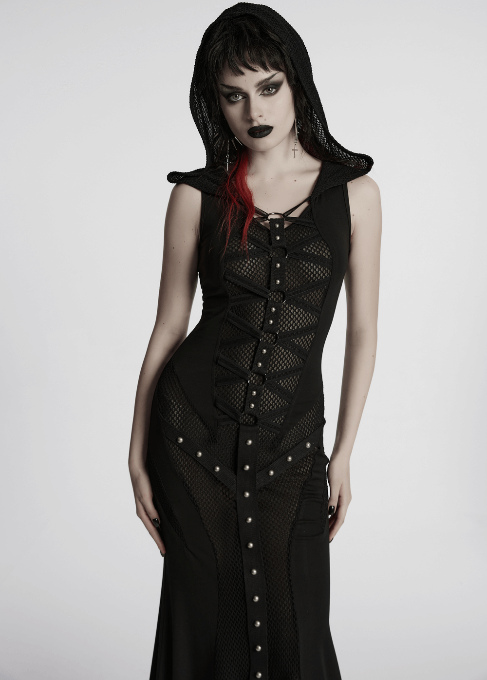 Stylish Gothic Mesh Panel Hooded Dress with Metal Details - image 11