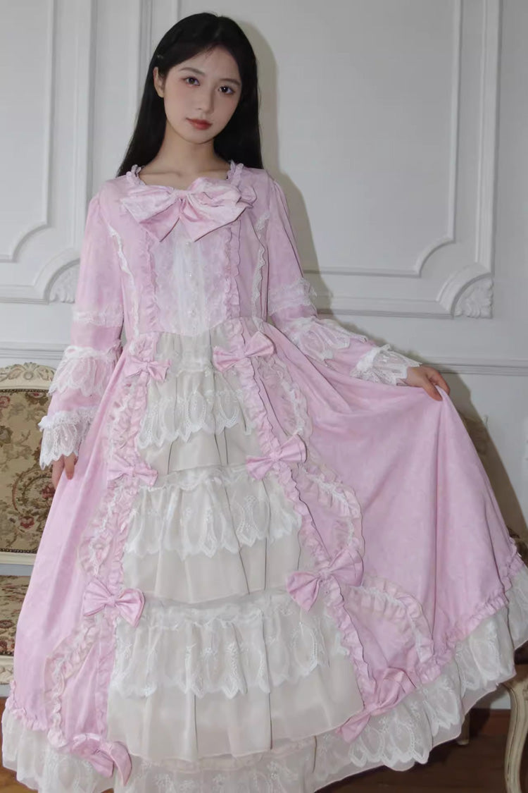 Sweet Plus Size Long Sleeves Triple-Layered Ruffled Open-Front Bow Lace Princess Lolita Victorian Dress - image 2