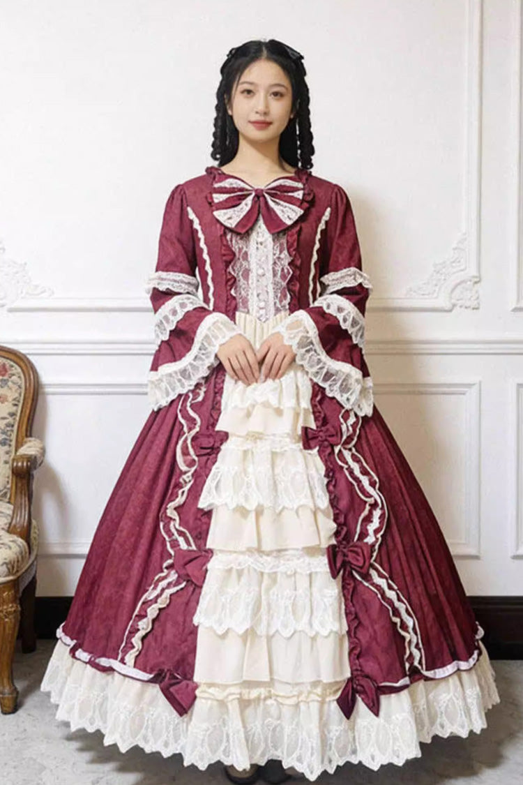 Sweet Plus Size Long Sleeves Triple-Layered Ruffled Open-Front Bow Lace Princess Lolita Victorian Dress - image 4