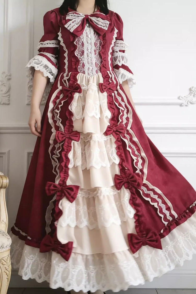 Sweet Plus Size Long Sleeves Triple-Layered Ruffled Open-Front Bow Lace Princess Lolita Victorian Dress - image 5