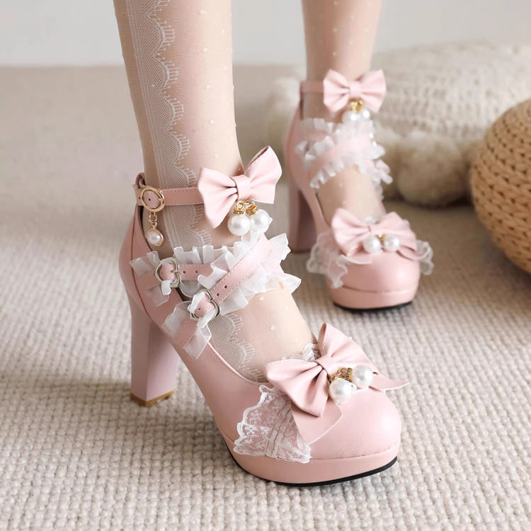Sweet Ruffled Bow Lace Pearl-Decorated Lolita High Heels 6 Colors - image 1