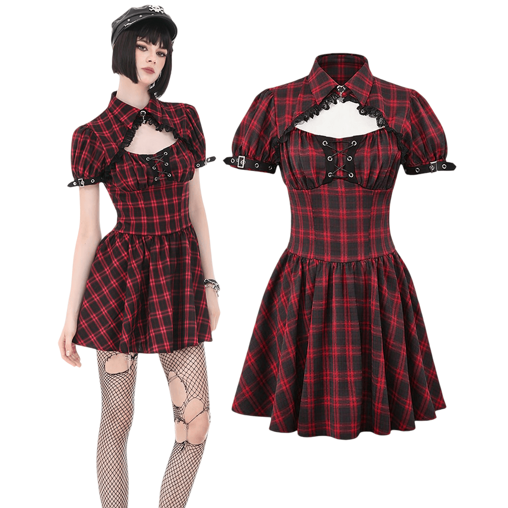 Tartan Gothic Dress with Buckle Sleeve Details - image 3