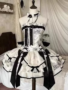 Cream & Black Layered Ruffle Corset Bow Gothic Lolita Princess Gown detail view 3