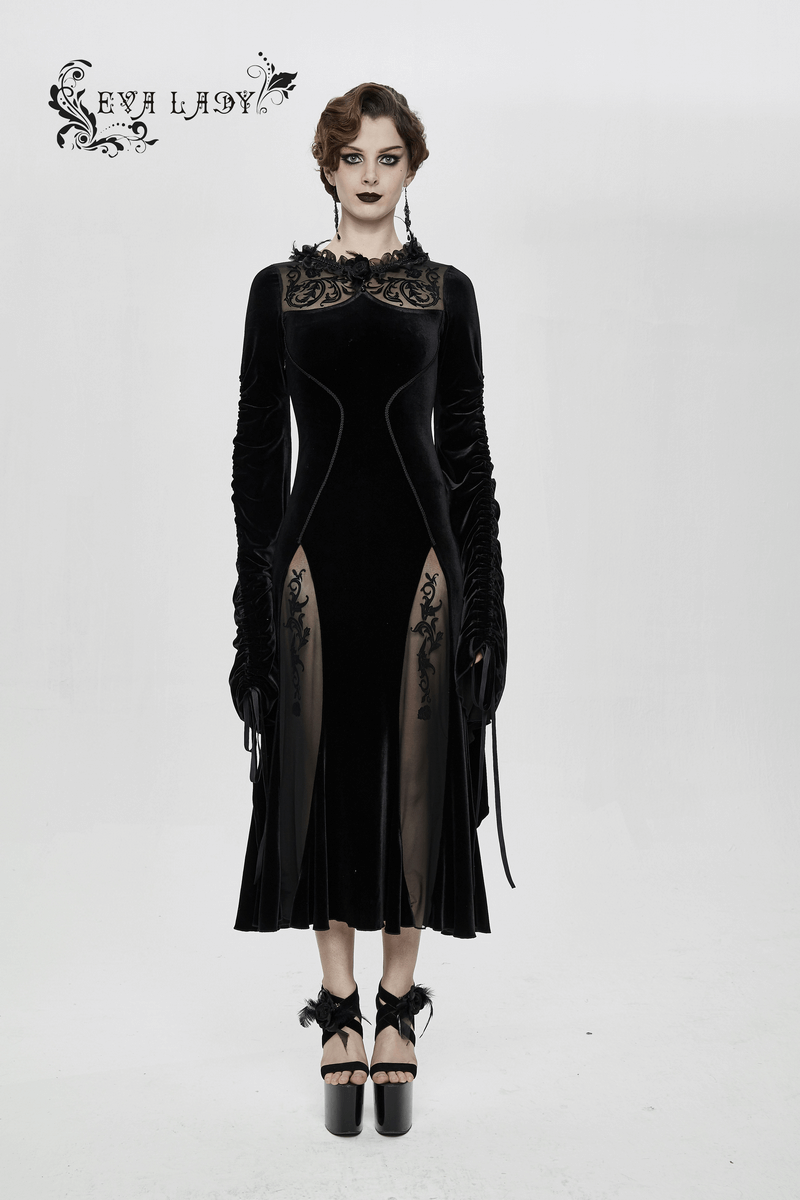 Velvet Black Dress with Filigree Patterns / Gothic Style Dress With Wide Adjustable Sleeves - image 16