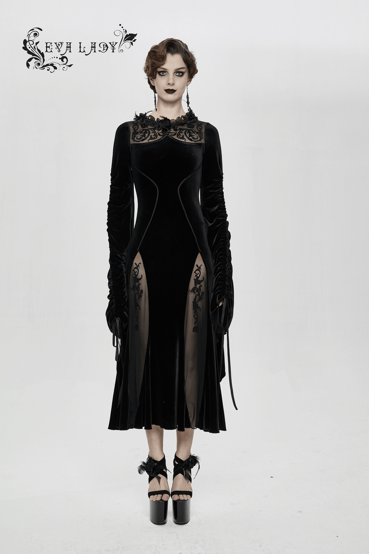 Velvet Black Dress with Filigree Patterns / Gothic Style Dress With Wide Adjustable Sleeves - image 16
