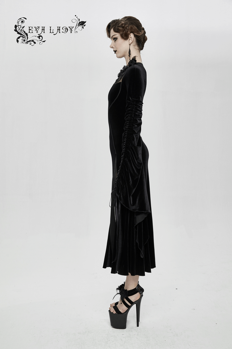 Velvet Black Dress with Filigree Patterns / Gothic Style Dress With Wide Adjustable Sleeves - image 17