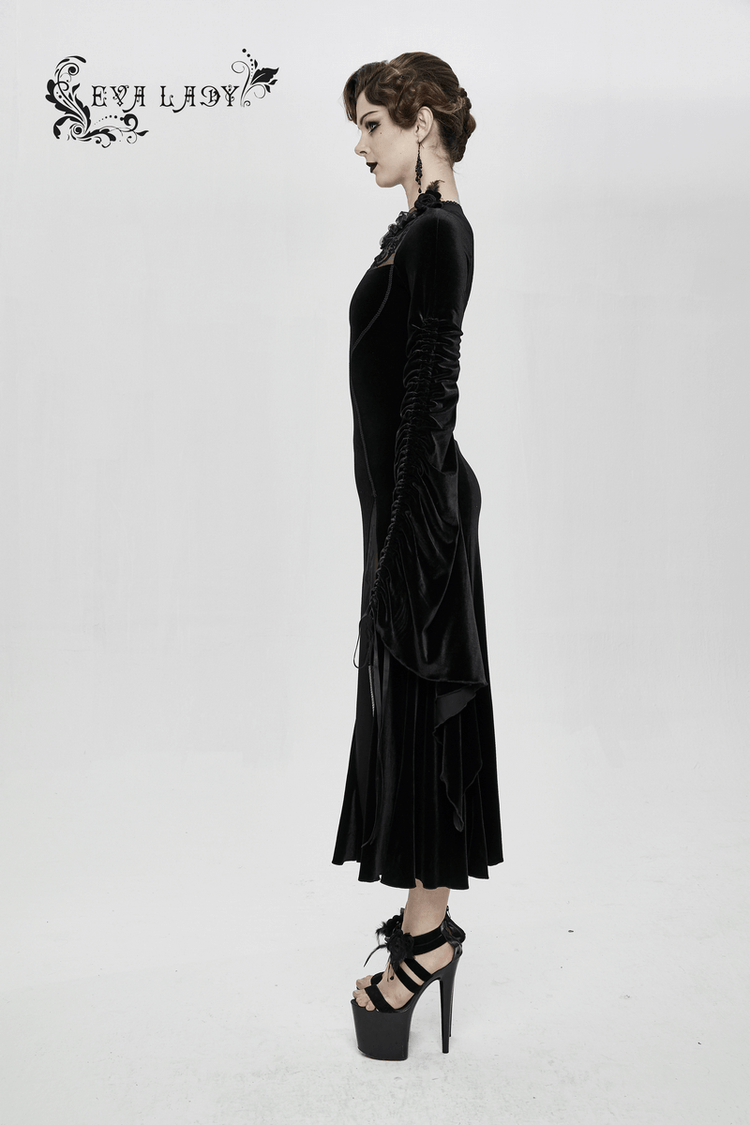 Velvet Black Dress with Filigree Patterns / Gothic Style Dress With Wide Adjustable Sleeves - image 17