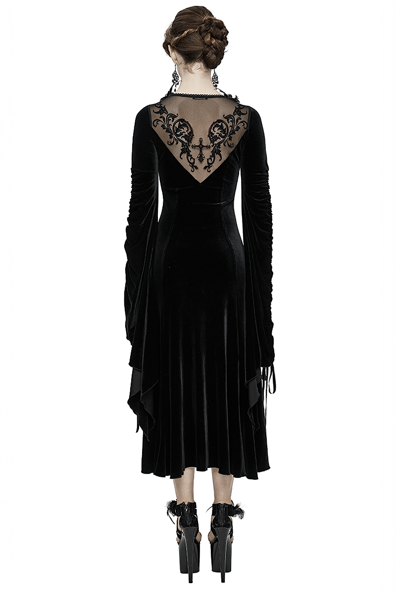 Velvet Black Dress with Filigree Patterns / Gothic Style Dress With Wide Adjustable Sleeves - image 2