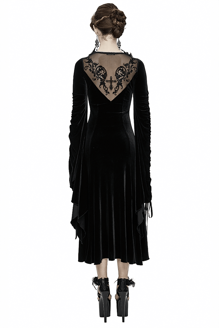 Velvet Black Dress with Filigree Patterns / Gothic Style Dress With Wide Adjustable Sleeves - image 2