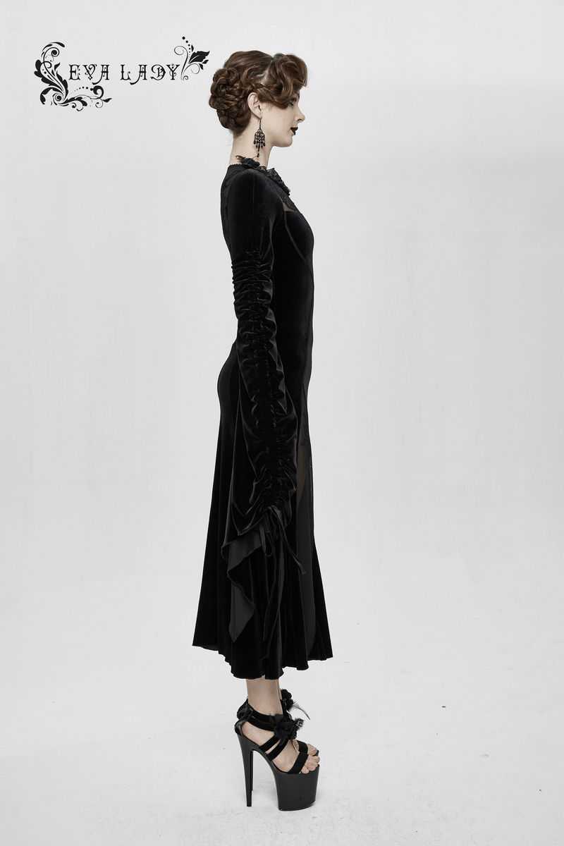 Velvet Black Dress with Filigree Patterns / Gothic Style Dress With Wide Adjustable Sleeves - image 18