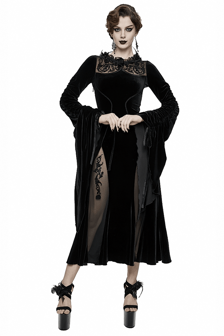 Velvet Black Dress with Filigree Patterns / Gothic Style Dress With Wide Adjustable Sleeves - image 1