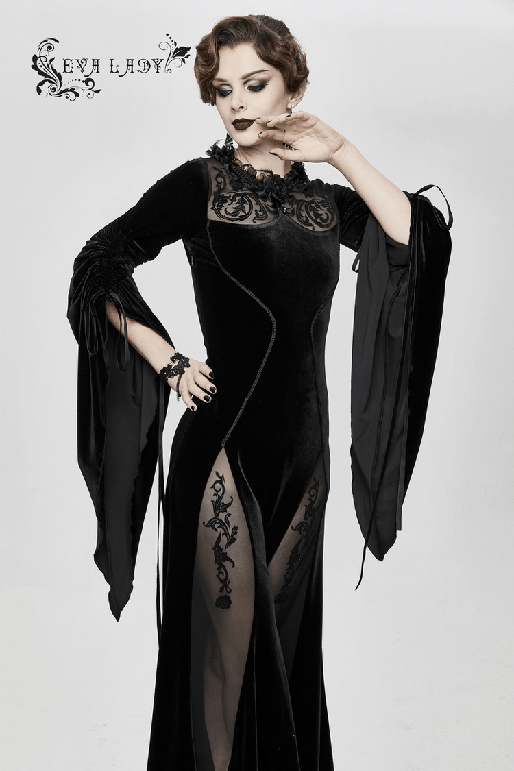 Velvet Black Dress with Filigree Patterns / Gothic Style Dress With Wide Adjustable Sleeves - image 15