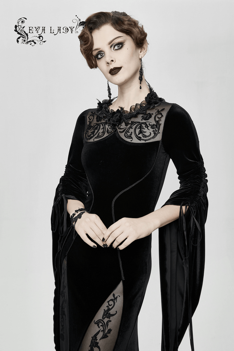Velvet Black Dress with Filigree Patterns / Gothic Style Dress With Wide Adjustable Sleeves - image 13