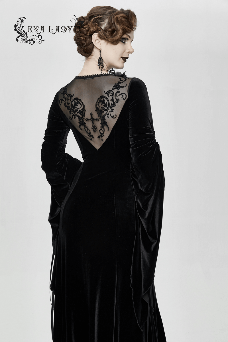 Velvet Black Dress with Filigree Patterns / Gothic Style Dress With Wide Adjustable Sleeves - image 14