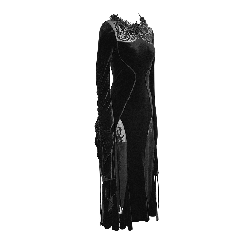 Velvet Black Dress with Filigree Patterns / Gothic Style Dress With Wide Adjustable Sleeves - image 4