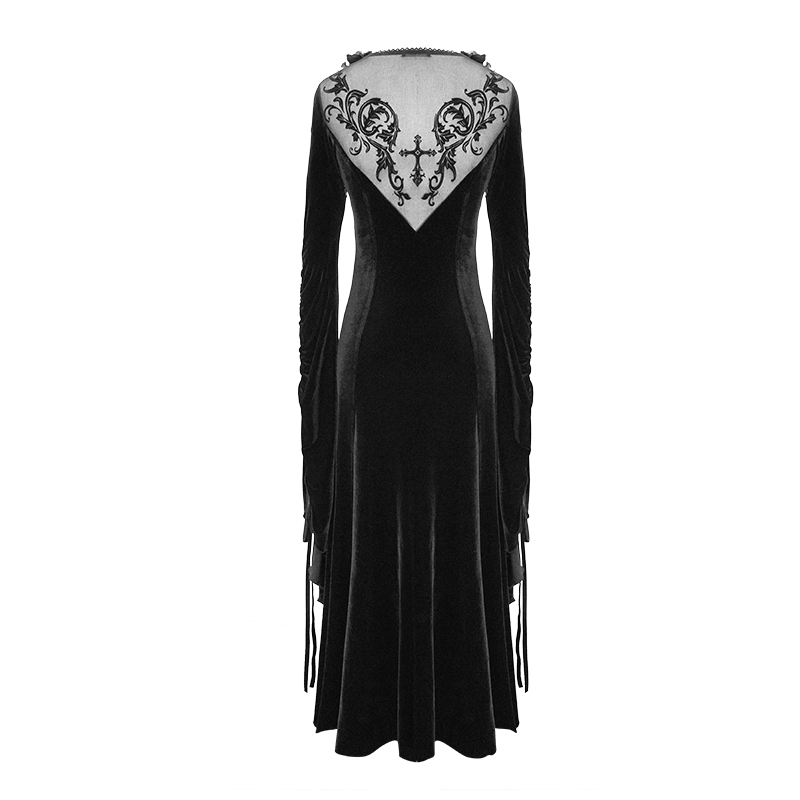 Velvet Black Dress with Filigree Patterns / Gothic Style Dress With Wide Adjustable Sleeves - image 5