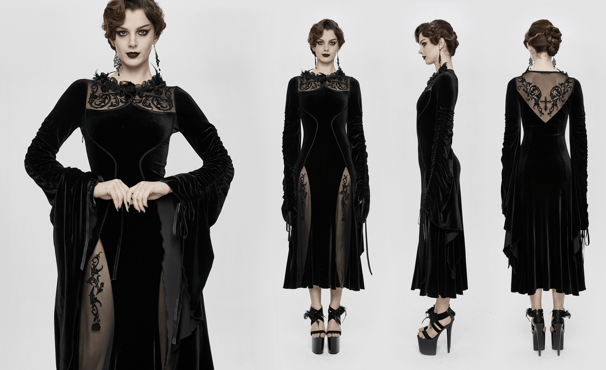 Velvet Black Dress with Filigree Patterns / Gothic Style Dress With Wide Adjustable Sleeves - image 19