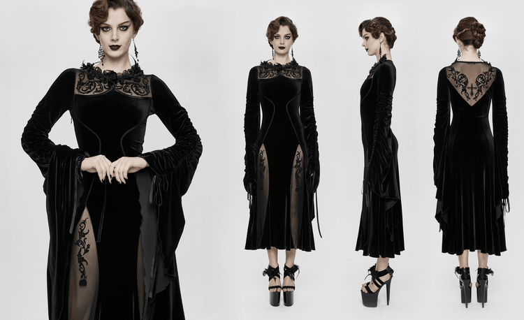 Velvet Black Dress with Filigree Patterns / Gothic Style Dress With Wide Adjustable Sleeves - image 19