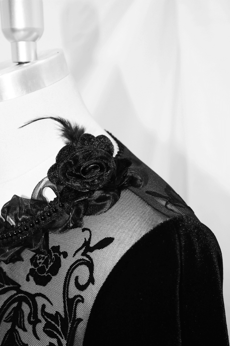 Velvet Black Dress with Filigree Patterns / Gothic Style Dress With Wide Adjustable Sleeves - image 8
