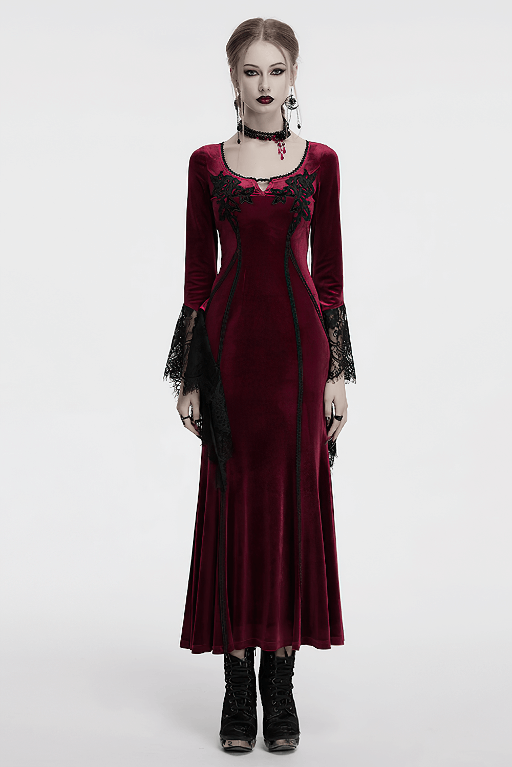 Velvet Dress with Lace Bell Sleeves and Rose Embroidery - image 14