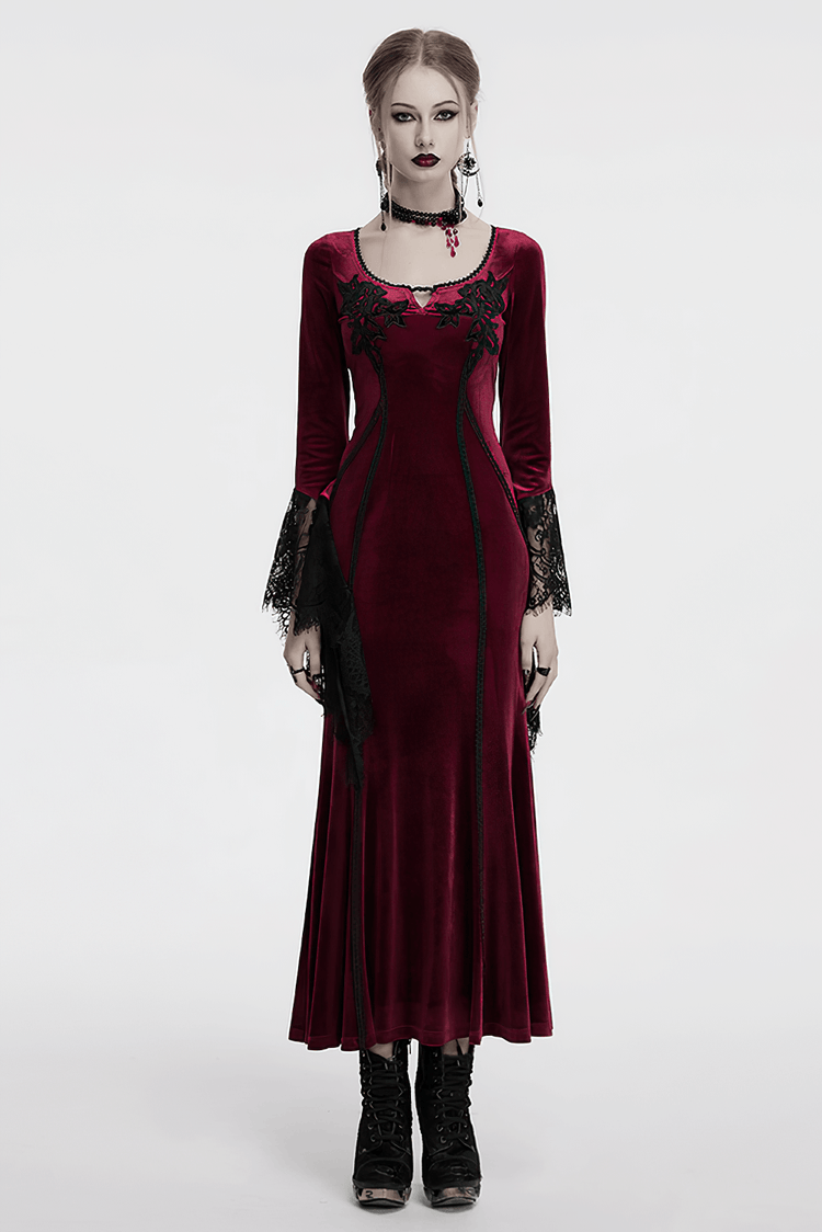 Velvet Dress with Lace Bell Sleeves and Rose Embroidery - image 14