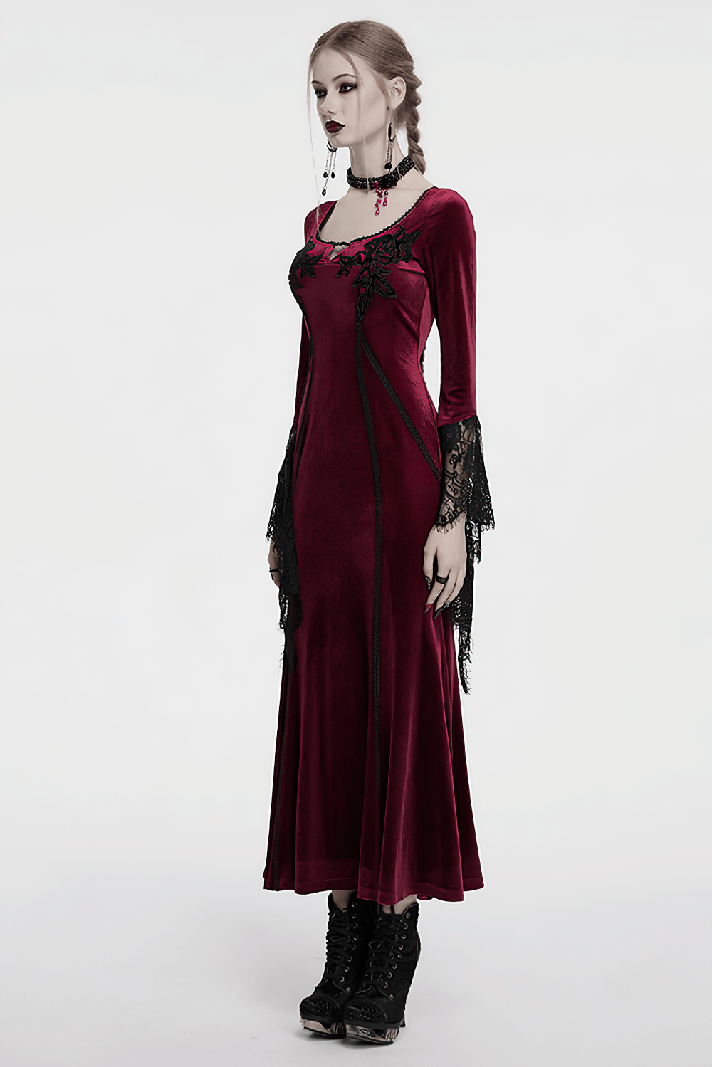 Velvet Dress with Lace Bell Sleeves and Rose Embroidery - image 15