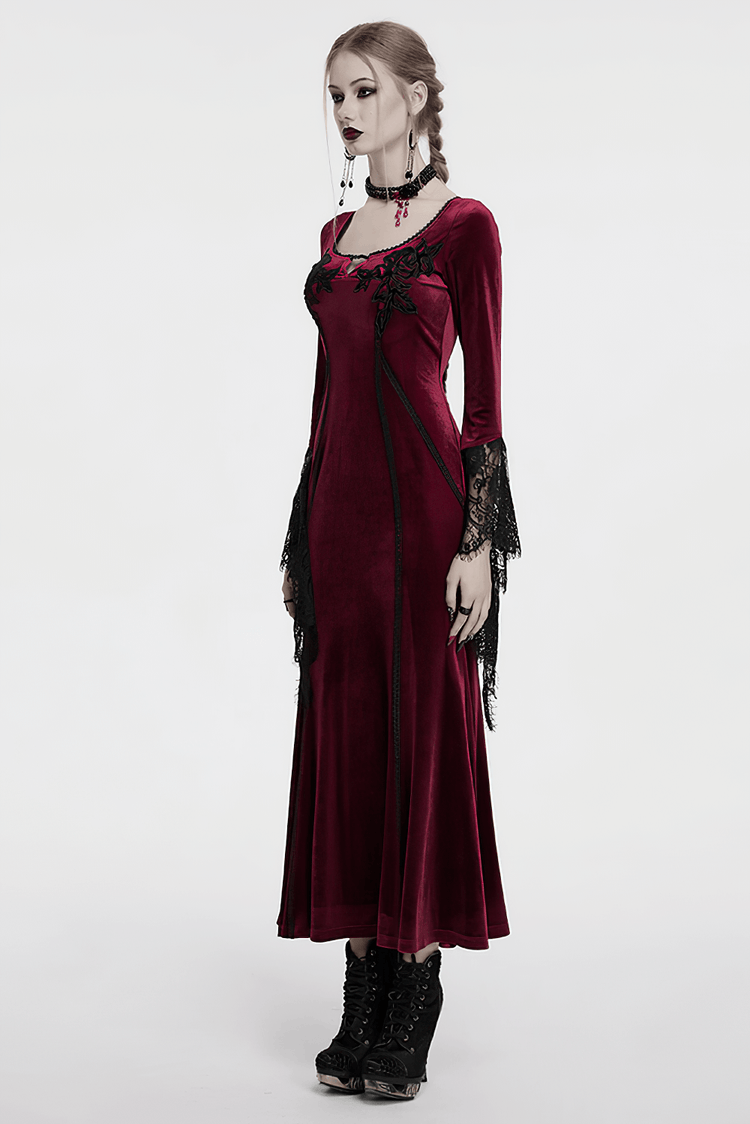 Velvet Dress with Lace Bell Sleeves and Rose Embroidery - image 15