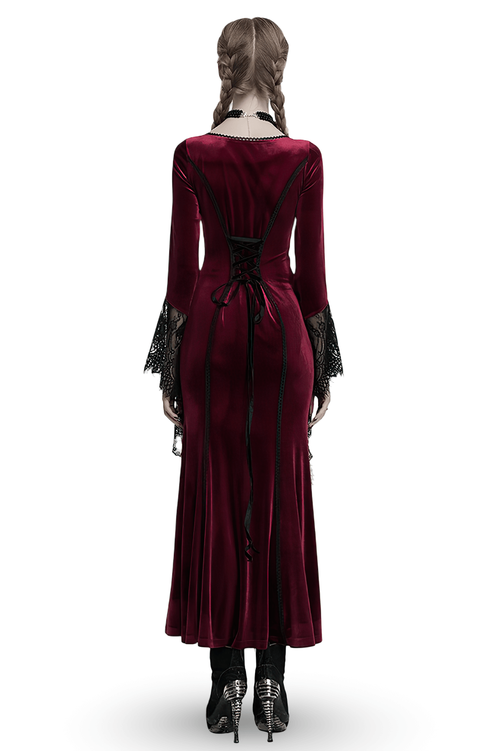 Velvet Dress with Lace Bell Sleeves and Rose Embroidery - image 2
