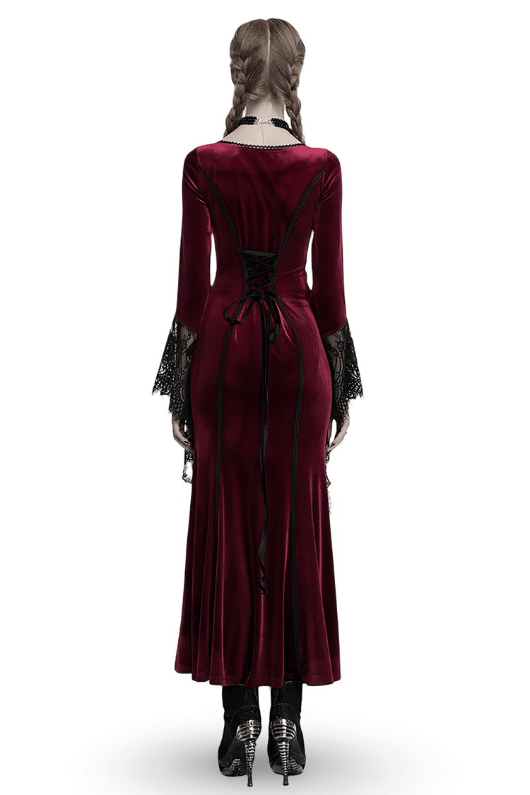 Velvet Dress with Lace Bell Sleeves and Rose Embroidery - image 2