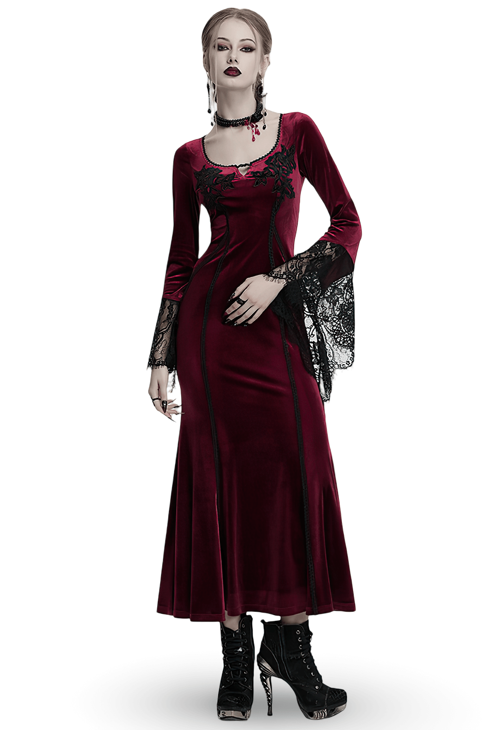 Velvet Dress with Lace Bell Sleeves and Rose Embroidery - image 1