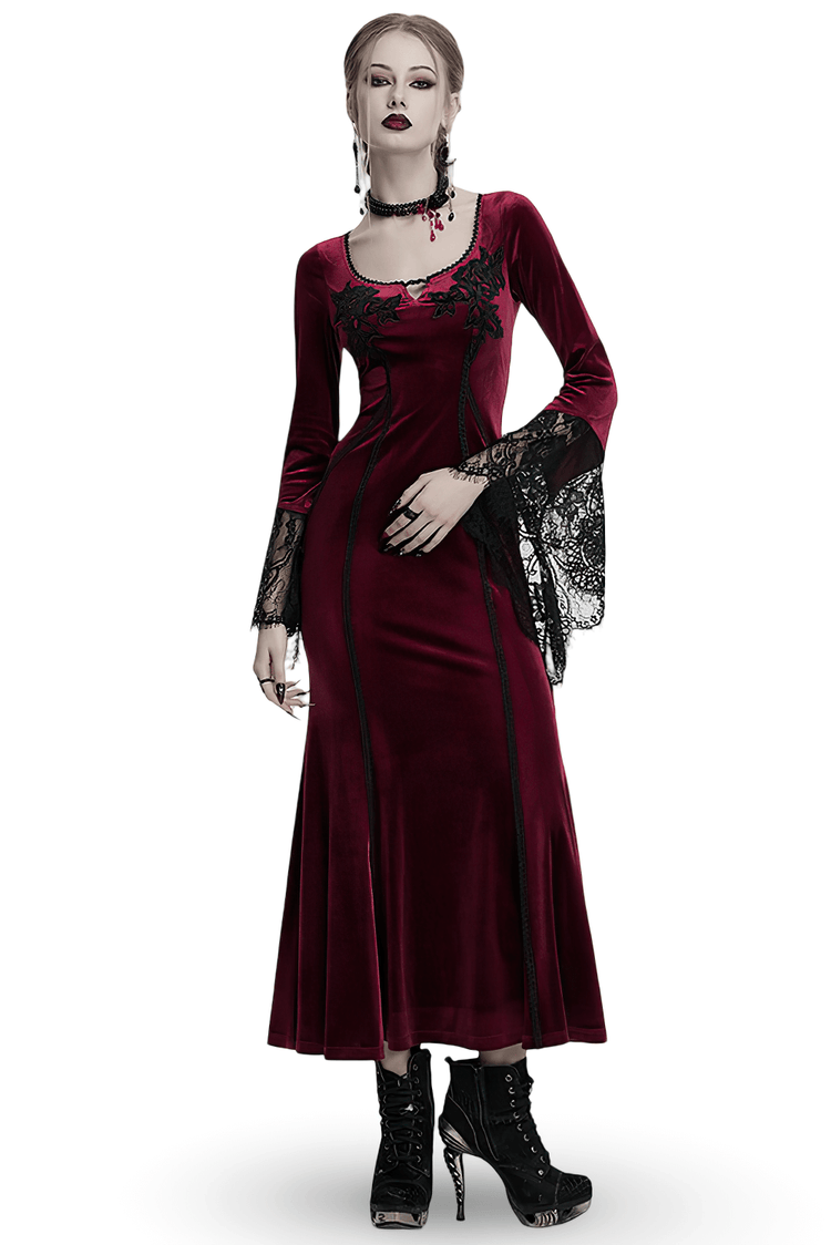 Velvet Dress with Lace Bell Sleeves and Rose Embroidery - image 1