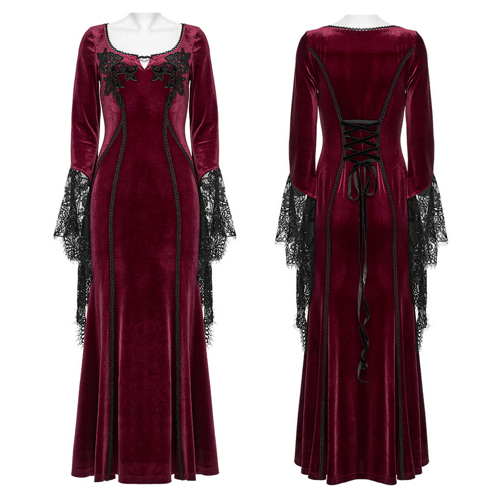 Velvet Dress with Lace Bell Sleeves and Rose Embroidery - image 3