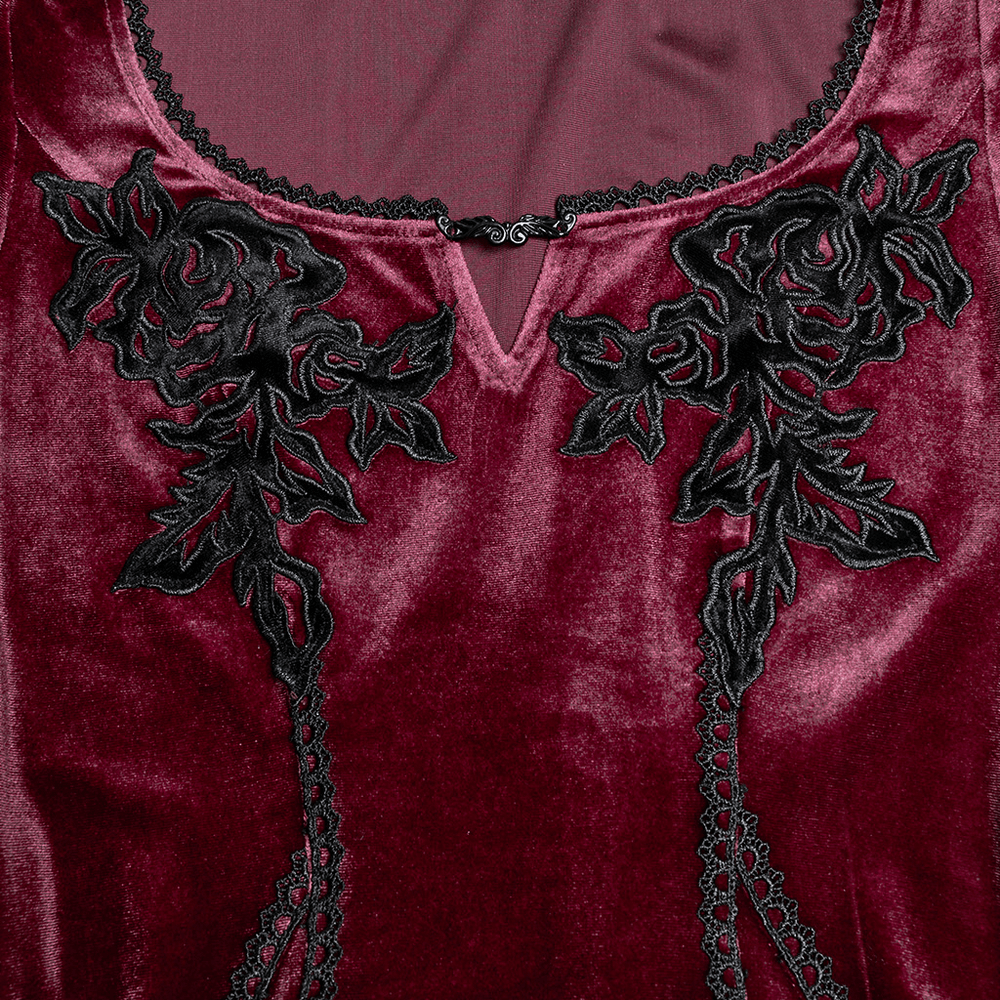 Velvet Dress with Lace Bell Sleeves and Rose Embroidery - image 8