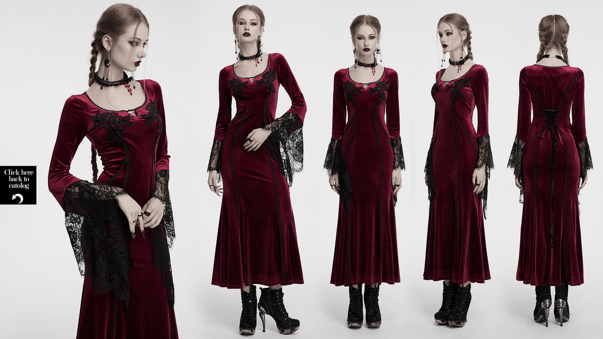 Velvet Dress with Lace Bell Sleeves and Rose Embroidery - image 16