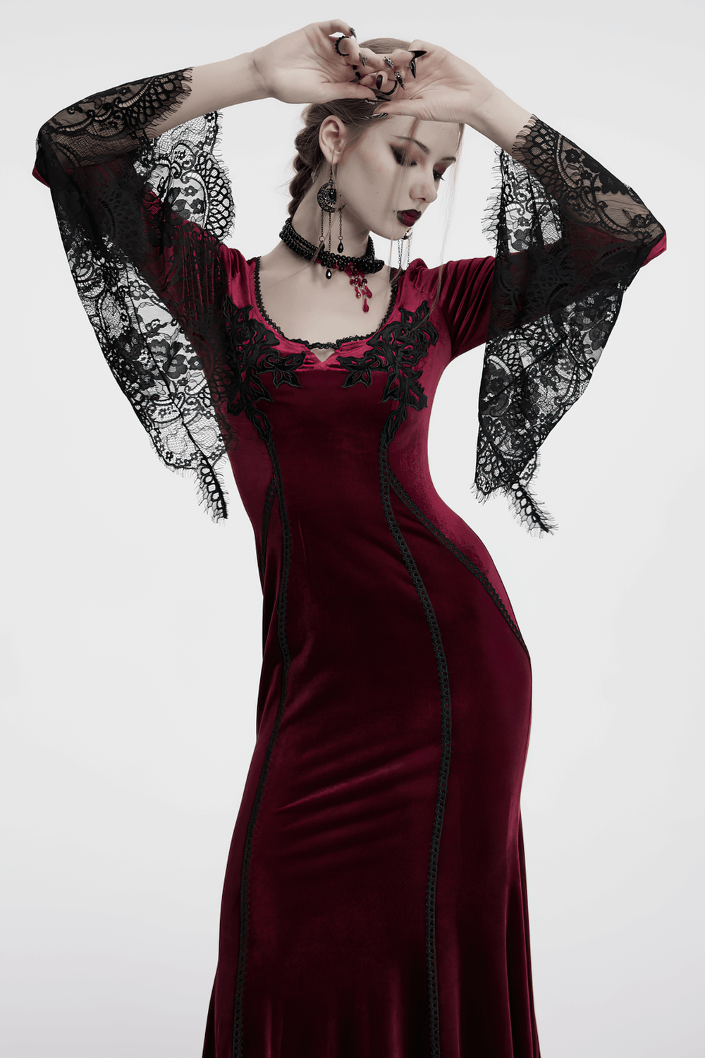 Velvet Dress with Lace Bell Sleeves and Rose Embroidery - image 11