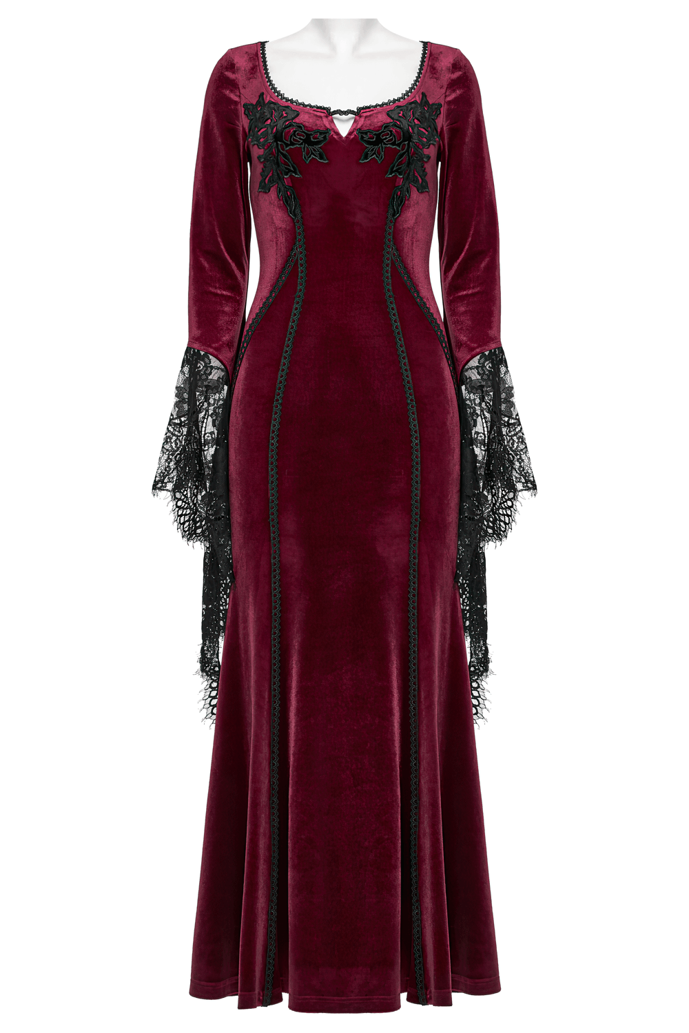 Velvet Dress with Lace Bell Sleeves and Rose Embroidery - image 4
