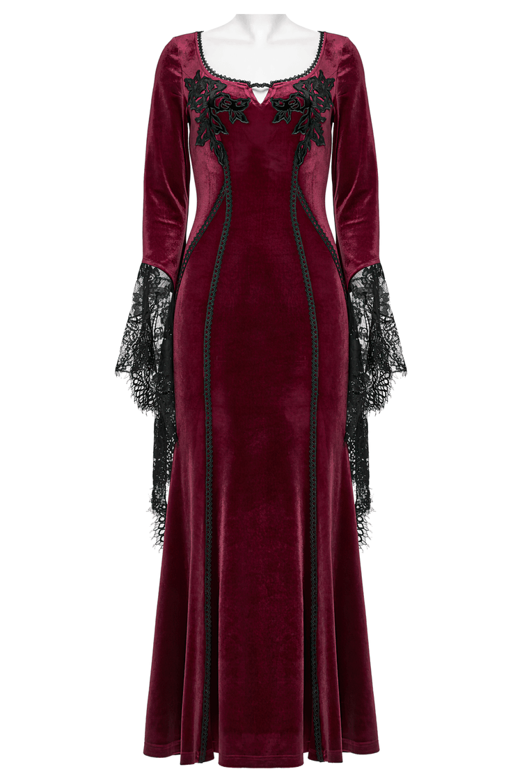 Velvet Dress with Lace Bell Sleeves and Rose Embroidery - image 4