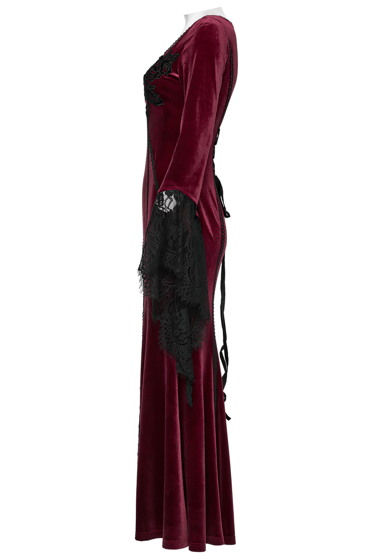 Velvet Dress with Lace Bell Sleeves and Rose Embroidery - image 5