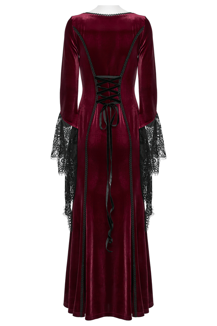 Velvet Dress with Lace Bell Sleeves and Rose Embroidery - image 6