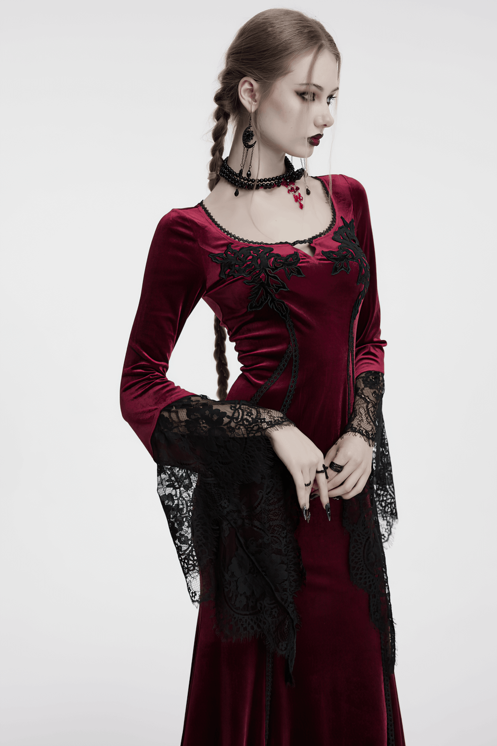 Velvet Dress with Lace Bell Sleeves and Rose Embroidery - image 12