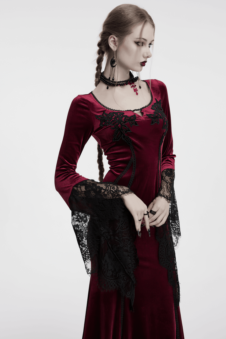 Velvet Dress with Lace Bell Sleeves and Rose Embroidery - image 12